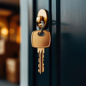 Clé dorée brillante suspendue à une serrure sur une porte foncée texturée. Lumières chaudes floues en arrière-plan.
