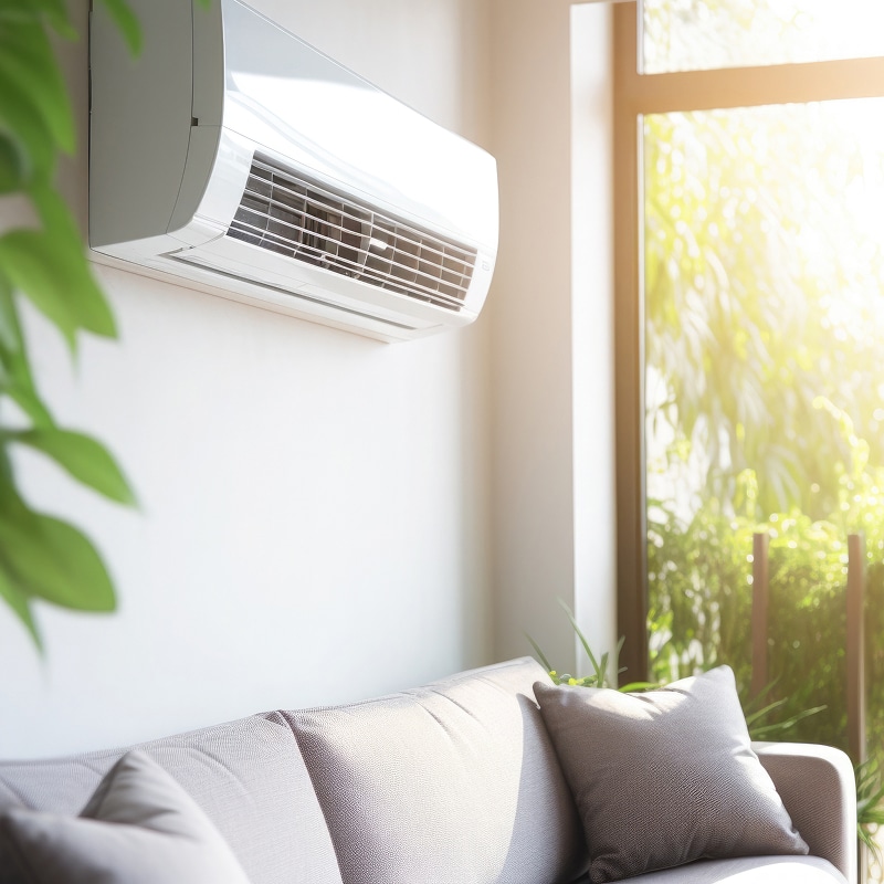 Climatiseur mural blanc dans un salon moderne avec canapé gris et grande fenêtre ensoleillée. Confort thermique intérieur.