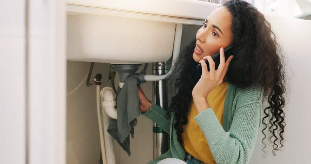Femme préoccupée sous l'évier, essuyant une fuite avec une serviette tout en appelant un plombier sur son téléphone portable.