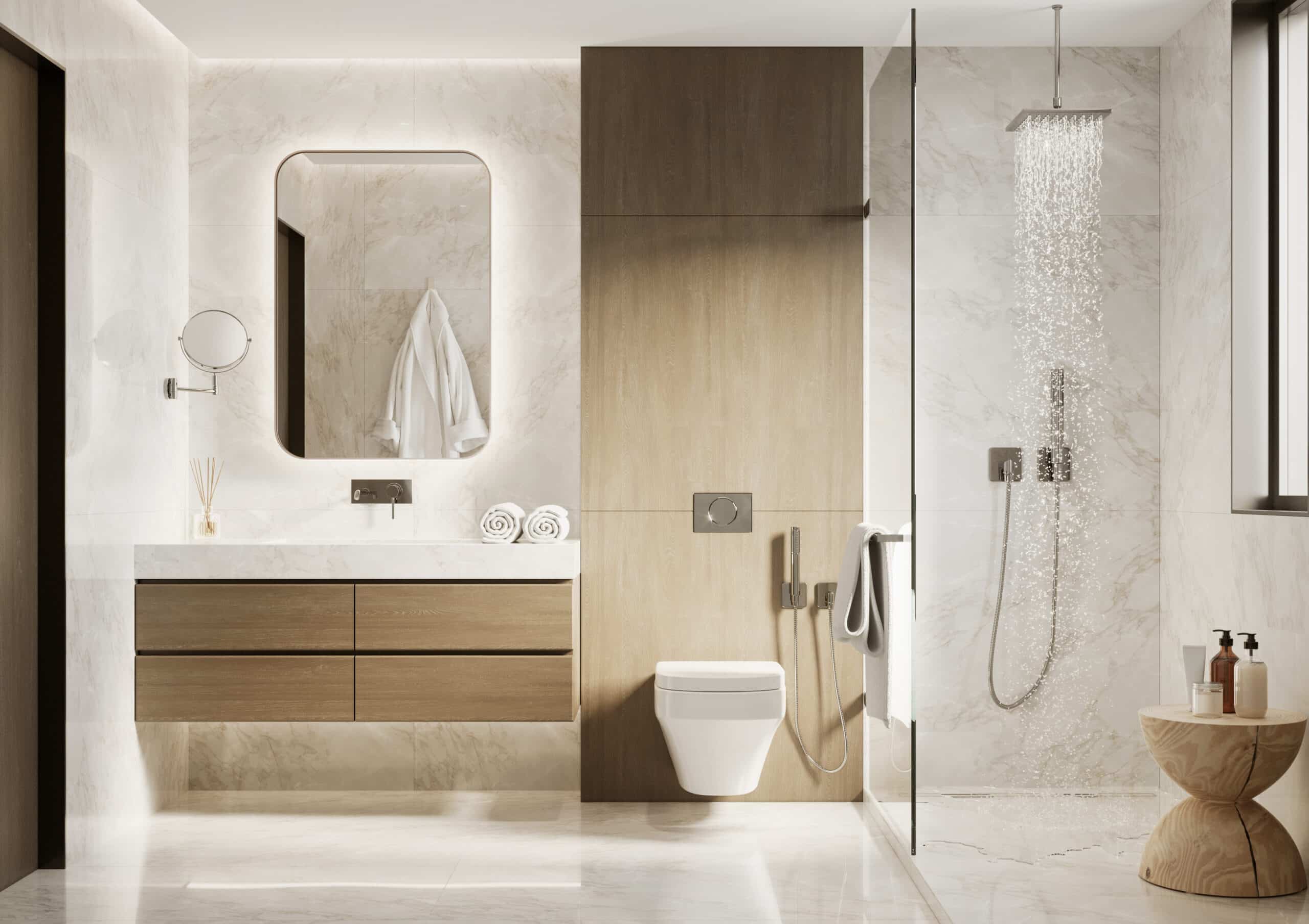 Salle de bain moderne luxueuse en marbre et bois clair. Douche à l'italienne, vasque flottante, grand miroir éclairé et WC suspendu. L'eau coule de la douche.