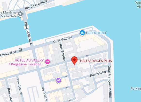 Carte détaillée de Sète centrée sur THAU SERVICES PLUS, situé entre Quai Vauban, Rue Baudin et Rue Hoche, près du port et d'Hôtel Au Valéry.